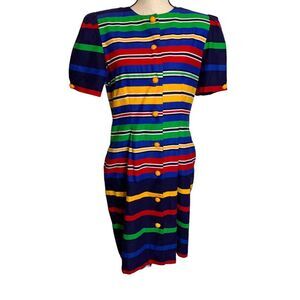 American Design Dress Womens Size 12 Stripe‎ Rainbow Large Buttons Vintage USA